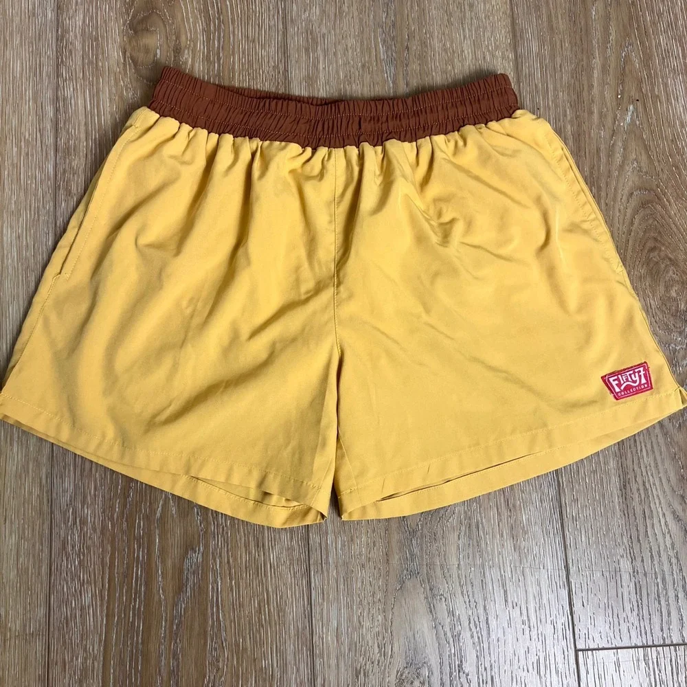 FIFTY BY JACKS SURFBOARDS Yellow Swim Trunks Shorts Mens Size L Elastic Waist - Picture 1 of 6